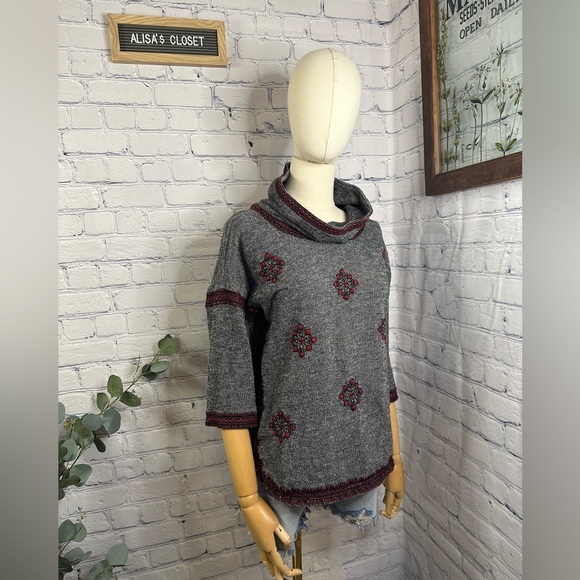 LUCKY LOTUS BRAND Sweater Embroidered Knit Pullover Cowl Neck - Picture 2 of 5